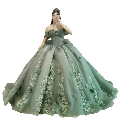 Dydsz Princess Off Shoulder Floral Sage Green Quinceanera Dresses with Bow Beaded Sweet 16 Dresses with Train Vestidos De 15 Anos Quinceaera Ball Gown Size 14