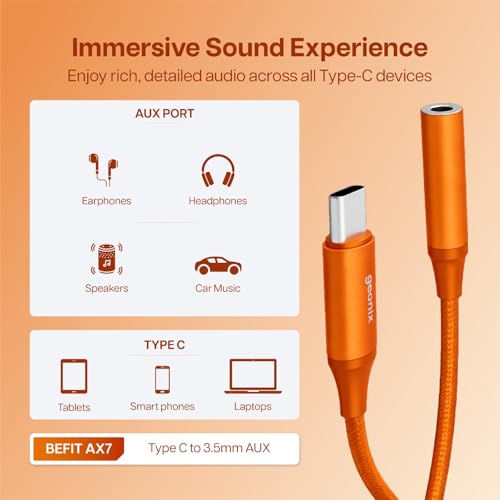 Image of Geonix Befit AX7 Type-C to 3.5mm AUX Female Converter, MIC & Audio Support, Smart DAC Chip, Plug & Play, 13cm Cable (Cosmic Orange)