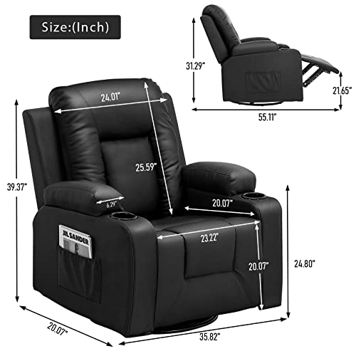 Comhoma Leather Recliner Chair Modern Rocker With Heated Massage Ergonomic Lounge 360 Degree Swivel Single Sofa Seat With Drink Holders Living Room Chair Single (Black) #TOP1