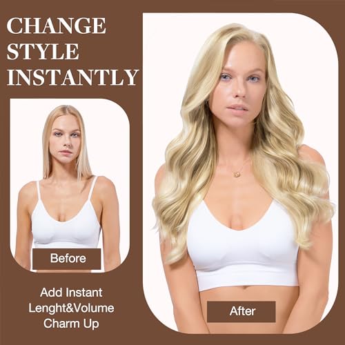 Image of GOO GOO Clip in Hair Extensions Real Human Hair, Remy Human Hair Extensions Clip ins for Women, Natural Human Hair, 18inch 120g 7Pcs, 16 /22 Light Blonde Highlighted Golden Blonde