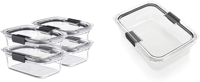Rubbermaid 2118315 Brilliance Glass Storage 8-Cup Food Containers with Lids, 2-Pack (4 Pieces Total), Large, Clear & Brilliance Food Storage Container, Large, 9.6 Cup, Clear 1991158