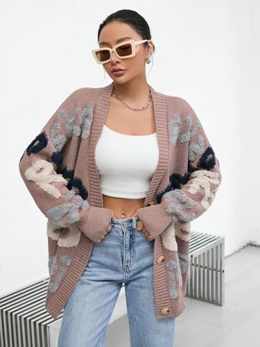 Image of WDIRARA Women's Letter Print Button Open Front V Neck Long Sleeve Cardigan Knit Sweater