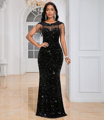 Image of Cololura Women Sexy Sequin Mesh Perspective Bodycon Party Cocktail Evening Gown Maxi Dress