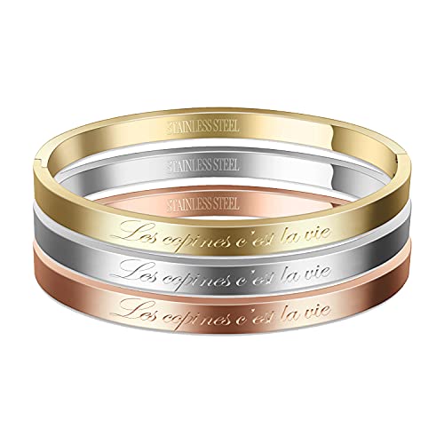 AURSTORE® Lot de 3 pièces Bracelet Jonc Fin en Acier Inoxydable 316L avec Message Largeur 4 mm plusieurs Messages au Choix (Les Copines, C'est la Vie)