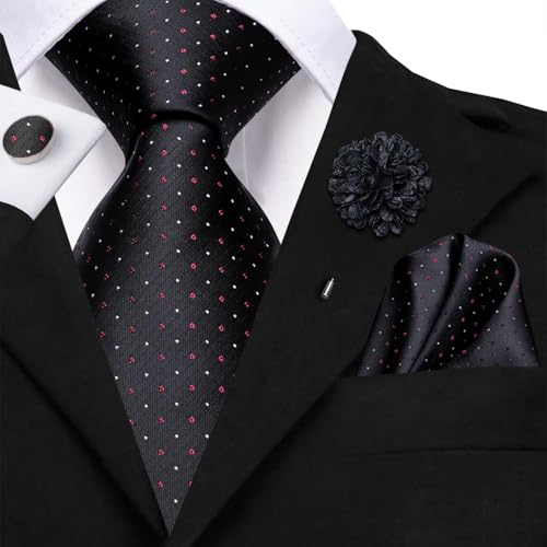 Image of Dubulle Mens Black Red Tie and Lapel Pin Woven Silk Red Dots Casual Necktie for Men Pocket Square Cufflinks Wedding Party