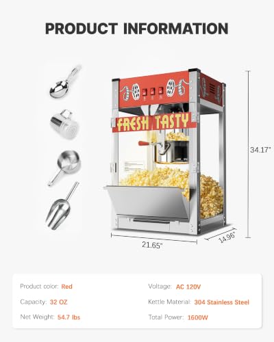 Image of 32 Oz Commercial Popcorn Machine, Large Popcorn Maker Machine, Movie Theater Countertop Pop Corn Machine with 3-Switch Control & Tempered Glass Doors, Red