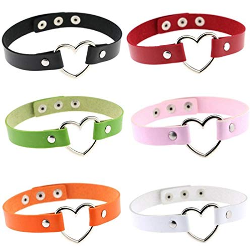 Tvoip 6Pcs Lady Stylish Fashion Lovely Heart Decoration Collar Necklace Vacation Jewelry Black Red Orange Pink Green White PU Leather Chokers Necklace