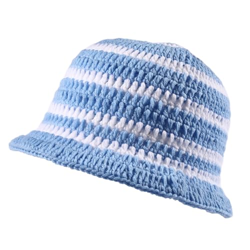 Ahouws Crochet Bucket Hat Women Trendy Knit Floppy Cap Cute Boho Handmade Beanies Outdoor Boho Travel Fishing Hat (US Numeric 7 7 1/4 Blue and White)