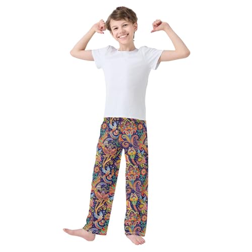 Birds and Paisley Floral Boys Long Pants Soft Trousers Elastic Waist Kids Lounge Bottoms with Pockets S-XL2