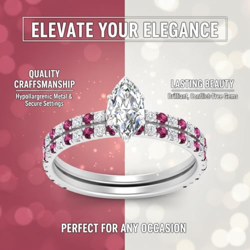 Image of Choose Your Gemstone Three Quarter Diamond CZ Gallery Bridal Ring Set 925 Sterling Silver Marquise Shape Wedding Ring Sets for WomenUS Size 4 to 12