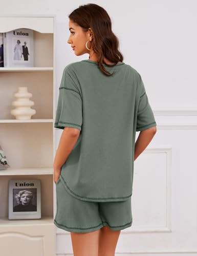 Image of Womens Pajama Sets Waffle Knit 2 Piece Short Lounge Set Cute Sleep Loungewear Pjs Set Short Sleeve Top and Shorts