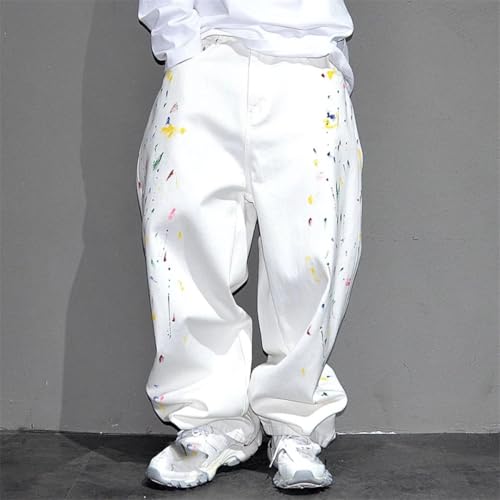 Men’S Trendy Hip Hop Splash-Ink Painted Baggy Straight Skateboard Denim Pants Button Fly Midweight Full Length Jeans3