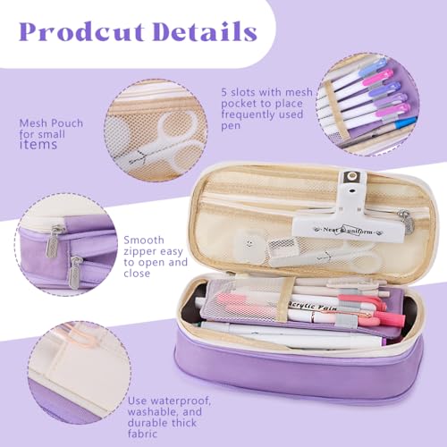 Image of iSuperb Foldable Pencil Case Zipper Big Capacity Canvas Pencil Pouch Cosmetic Organizers Pen Bag Makeup Bags for Women (Purple)