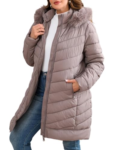 Geschallino Chaquetas acolchadas para mujer tallas grandes Ropa de invierno acolchada Abrigo con capucha y bolsillos 23707PLUS Albaricoque oscuro 4X