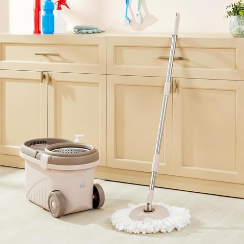 Image of Amazon Brand - Presto! Clean Steel Spin Mop | Plastic & Stainless Steel | 2 Microfiber Refills | Big Wheels with Drag Handle | 360 Spin | Telescopic Handle | Chestnut