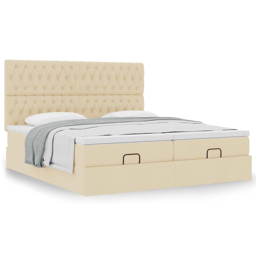 Otoman Storage Bed with Mattresses, Cream, Upholstered Platform Frame, King Size, Hydraulic Lift, zintegrowany zagłówek, bez konieczności wiosny