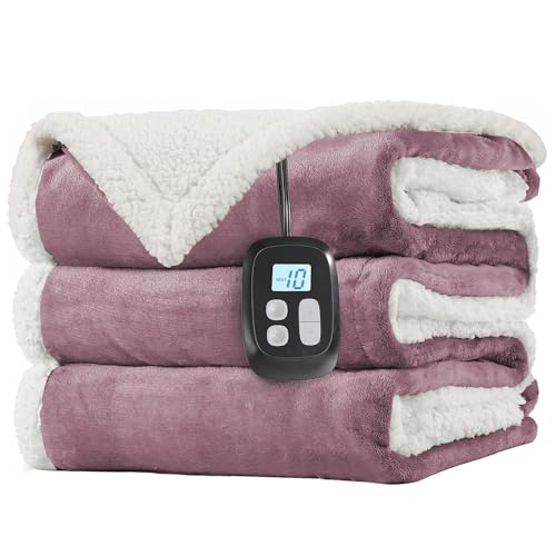 LaffyLo Electric Heated Blanket Twin Size 62 x 84, Fast Heating Blanket, Dual-Sided Flannel Sherpa, 10 Heat Settings, 1-12 Hour Auto Off, Machine Washable, Purple