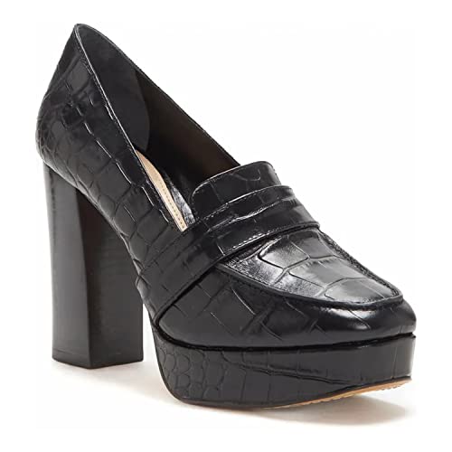 FOWT Women Chunky Heel Loafer, Stylish Square Toe High Heel Shoes, Slip-on Crocodile-Textured Black Pumps, Platform Office Loafer Ladies, Full Size 4-16 M US