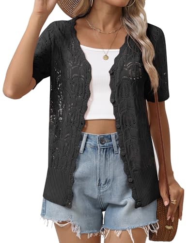 Zeagoo Women's Short Sleeve Summer Cardigan V-Neck Button up Lightweight Hollow Out Sweater Cardigans Shrug