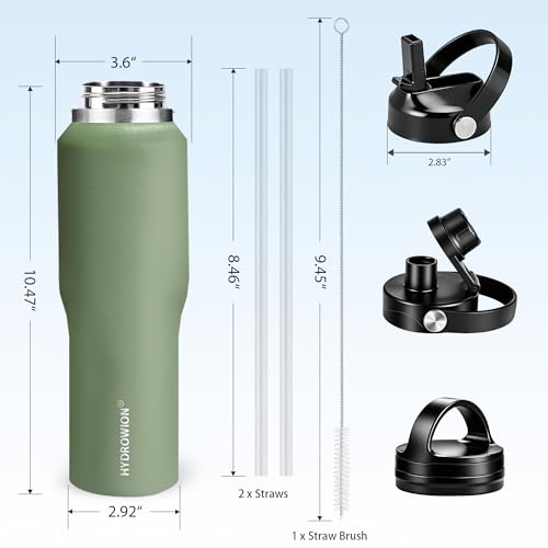 Image of HYDROWION Water Bottle Stainless Steel,Vacuum Insulated Leak Proof Tumbler 32oz with Straw Lid, Spout Lid and Flex Cap(Cold for 48 Hrs, Hot for 24 Hrs), Fit in Any Car Cup Holder, Moss
