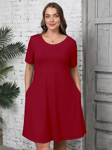 Image of AusLook Plus Size Midi Dress for Women Casual Summer Short Sleeve A Line Swing Dress with Pocket Round Neck Flowy Dress 1X-5X