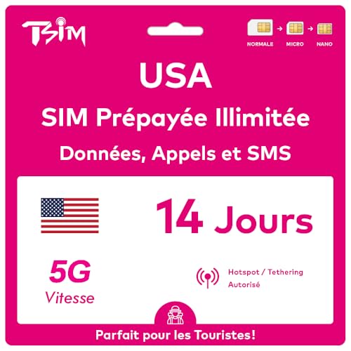 Carte SIM USA 14 jours T-Mobile avec internet illimité 5G et appels locaux