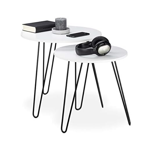Relaxdays Sidosats med 2, runda, matchande hallbord, vardagsrum, 3 metallben, Ø 40 och 48 cm, vit, MDF-skivor, järn, 45 x 48 x 48 cm