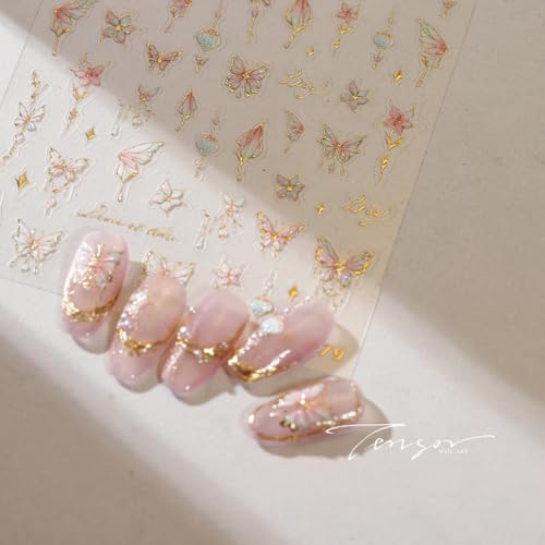 Image of Butterfly Nail Art Stickers Flower Nails Decals with Gold Design Pink Floral Nail Sticker for Nails Art 5D Embossed Self Adhesive Nails Charms for Women Girls Manicure DIY Decoration
