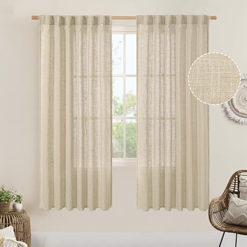 LAMIT Light Filtering Linen Curtains 68 inches Long for Bedroom, Faux Linen Textured Semi Sheer Back Tab and Rod Pocket Boho Modern Drapes for Living Room/Farmhouse, Linen, 2 Panels, 52 x 68 Inch
