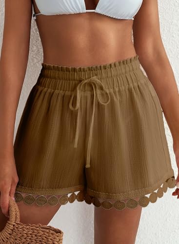 Image of Dokotoo Womens Shorts Summer Casual Loose Elastic Waist Drawstring Lace Boho Beach Cover Up Shorts