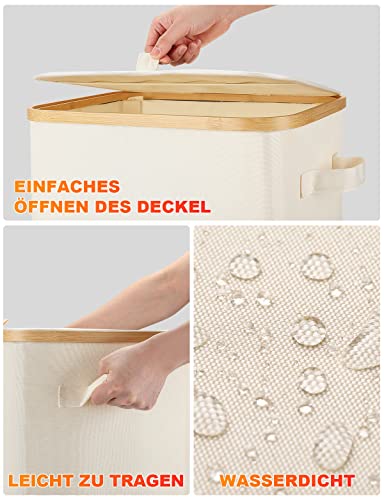 Yamagahome Wäschekorb mit Deckel 60L, Wäschesammler mit 2 herausnehmbaren Wäschesäcke und Upgrade Deckeldesign, Faltbarer Wäschesortierer aus Bambus und Wasserdichter Oxford-Stoff (Beige)