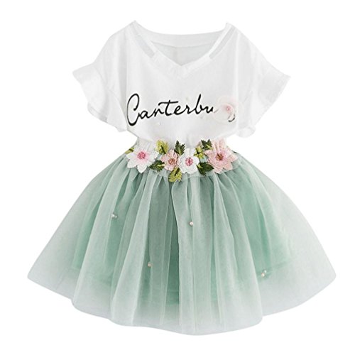 Niña Vestido,Sonnena impresión Tops Blanco de Manga Corta Camiseta + Lindo Rosa tutú Falda de Gasa para Chica bebé Estilo Elegante y Casual (5 años, Verde)