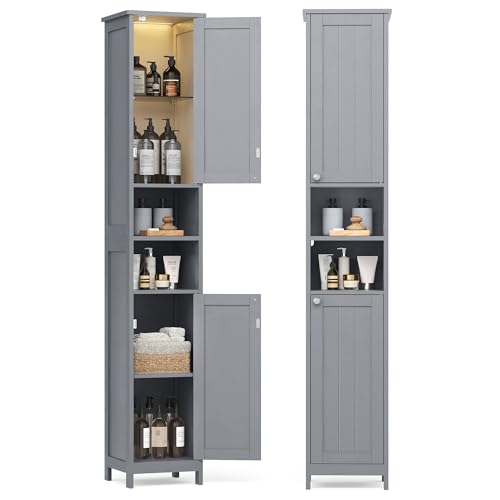 VASAGLE Tall Storage Cabinet with Lights, Slim Freestanding Cabinet with Adjustable Shelves, for Small Spaces, Bathroom, Living Room, Modern, 11.8 Inches Wide, Dove Gray UBBC566G02 11.8"W Do
