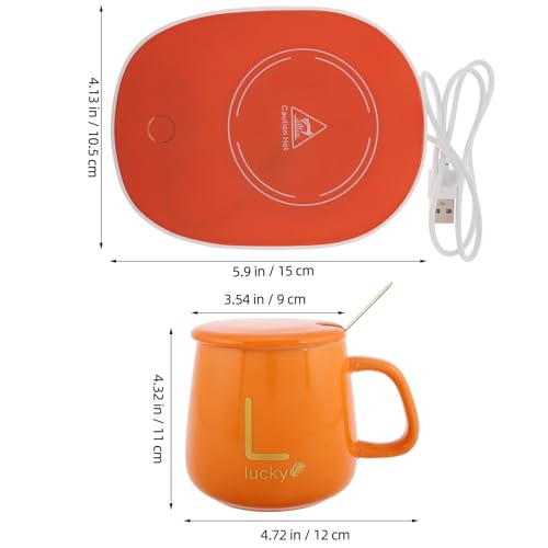 Electric Mug Warmer USB Travel Mug Warmer Set with Ceramic Coffee Cup Automatic Temperature Control for Office and Home with Lid and Spoon Orange