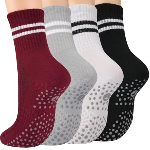 Image of Toes Home Pilates Socks for Women with Non Slip Grippers, Yoga Crew Socks for Barre Hospital Sticky Slipper Socks 4 Pairs