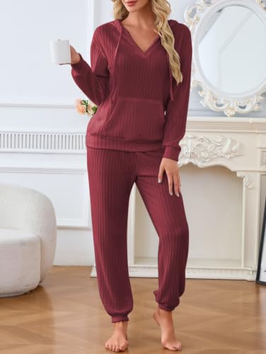 Image of Famulily 2 Pieces Ribbed Knit Outfits Drawstring Hoodies Jogger Pants Matching Pajama Sets with Pockets