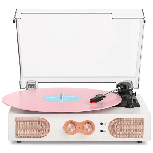Vinyl Record Player, White & Rose Gold, Built-in Speakers, 3-Speed Belt-Drive Turntable for Beginners, Easy Setup, Vintage Style Record Player Gift