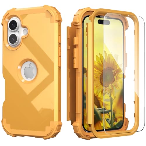 IDweel for iPhone 16 Plus Case with Screen Protector,Luxury 3 in 1 Shockproof Slim Fit Hybrid Heavy Duty Hard PC Cover Soft Silicone Bumper Full Body Anti-Fingerprint Case,Glitter Sundial Golden