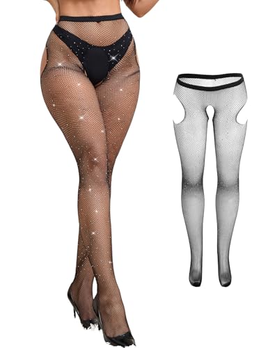 comeondear Glitzer Netzstrumpfhose Damen Sexy Ouvert Strumpfhosen für Frauen mit Strass Große Größen Glitzer Strümpfe Glänzende Cosplay Kostüm Accessoires Fishnet Stockings Pantyhose Schwarz 3XL-5XL