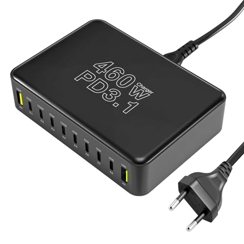 Puiseno 460W USB C Ladegerät Mehrfach, 10-Port Laptop Schnellladegerät Ladestation PD 3.1 100W/45W/35W/20W (8C+2A) Kompatibel mit MacBook Pro/Air, iPad, iPh0ne, HP, Galaxy S25 usw (Grau)