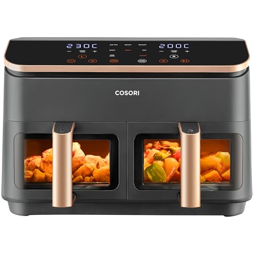 Cosori Air Fryer Grande 8,5 Litros, Freidora de Aire con Doble Cesta, Airfryer con Ventana, Recetas en la App, Multifunción 10 en 1, Alta Potencia y 55% de Eficiencia, Bajo Ruido, Fácil de Limpiar