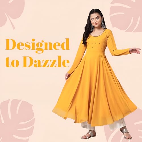 Image of PH POSHAKHUB Georgette Regular Fit Hand Embroidery Anarkali Kurta Set for Women, Yoke Anarkali Kurta for Woman, Ankle Length Anarkali Suit for Women, Full Sleeve Kurti, Dress for Woman