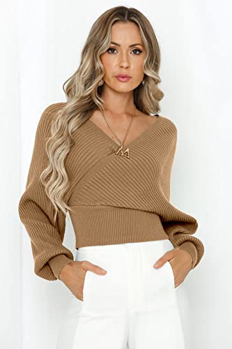 Image of ZAFUL Womens V Neck Cropped Wrap Sweaters Drop Shoulder Lantern Sleeve Pullover Tops Winter Sexy Cross Ribbed Clothes