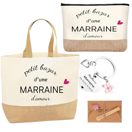 jenich Cadeau Marraine Sac Marraine Tote Bag Marraine Petit Bazar d’une Marraine d'amour Porte Clé Marraine Cadeau Idée pour Femme Cadeau de Fin d'Année...