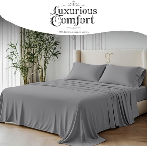 GF 100% Organic Bamboo Bedding Set 4 Pieces 300tc Luxurious sateen weave Duvet Cover, 2 x Pillow Cases & Extra Deep 40cm Fitted Sheet. (Grey, Double Size) - Image 2
