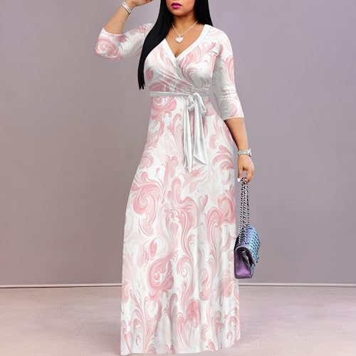 Image of PinkPatty Plus Size Maxi Dress for Women Casual V Neck 3 /4 Sleeve Boho Printed Long Dress with Pockets