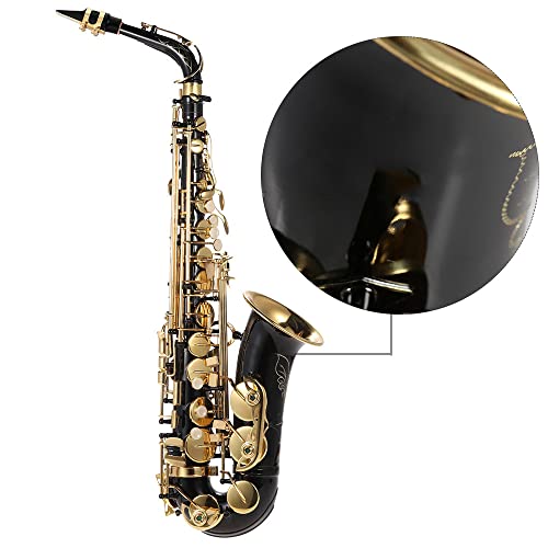 Saksofon altowy, mosiężny lakierowany złoty instrument dęty drewniany ze szczotką do czyszczenia, ściereczką, rękawiczkami, paskiem i wyściełaną obudową
