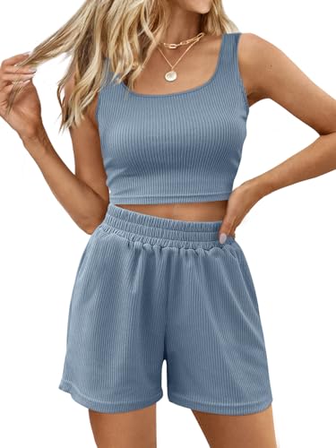 Image of Trendy Queen Two Piece Summer Outfits 2 Piece Sets 2026 Sleeveless Matching Lounge Crop Top High Waisted Short