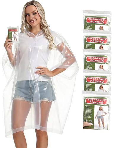 HOOMBOOM 5 Pack Disposable Rain Ponchos, with Drawstring Hood Emergency Rain Ponchos Family Pack for Adults