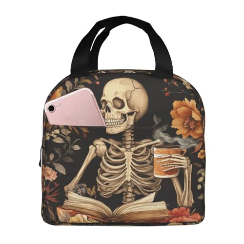 DADABULIU Lunch Bag Flower Skull Book Retro Insulated Lunch Box Reusable Cooler Tote for Adults Student Girl Boy Work Office School Picnic Over 3 Years Old